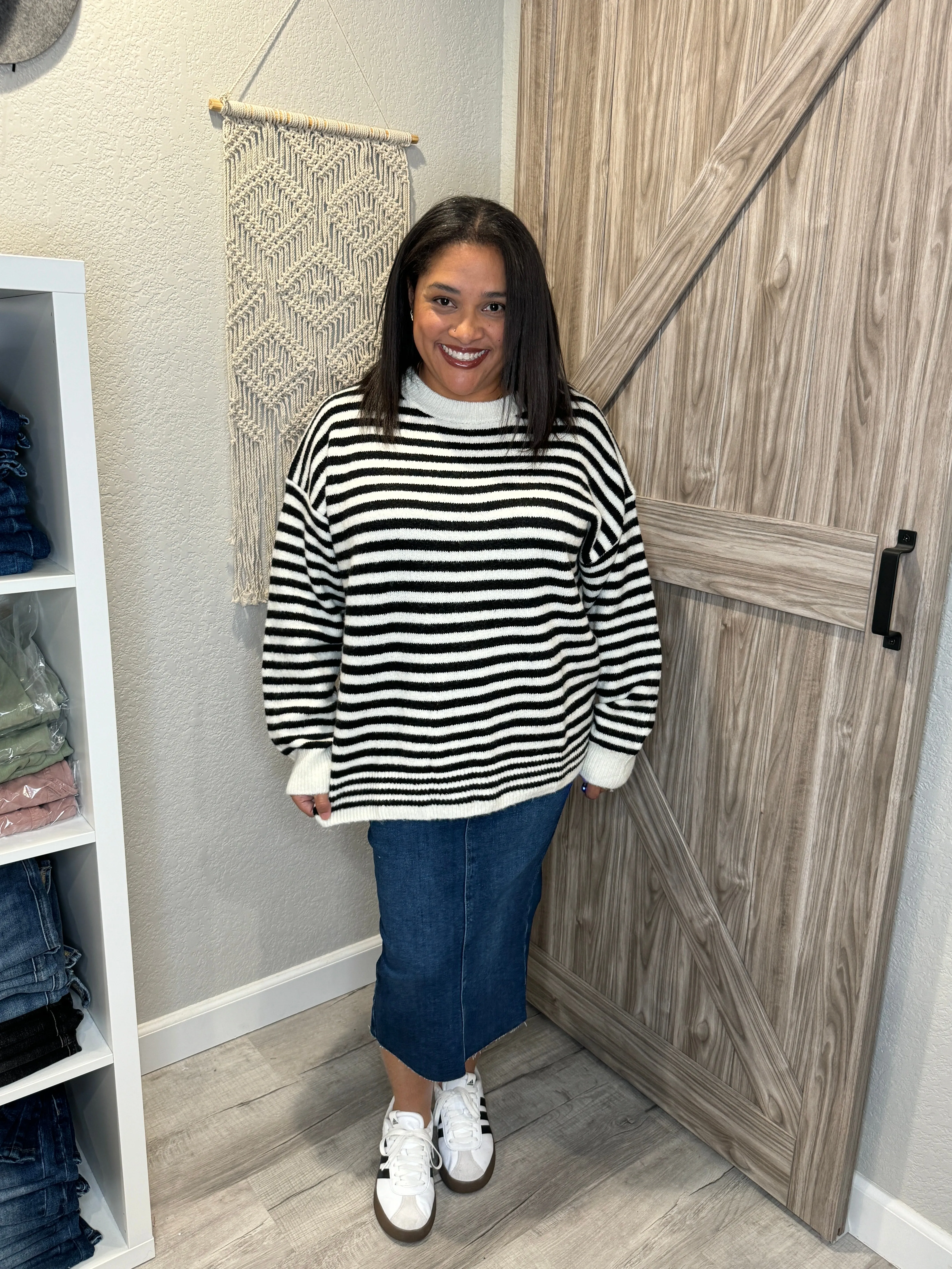 Ivory & Black Oversized Brushed Knit Drop Shoulder Striped Sweater