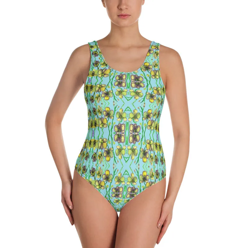 Light Blue Orchids Women's Swimwear, Designer Floral Print One-Piece Swimsuit For Women