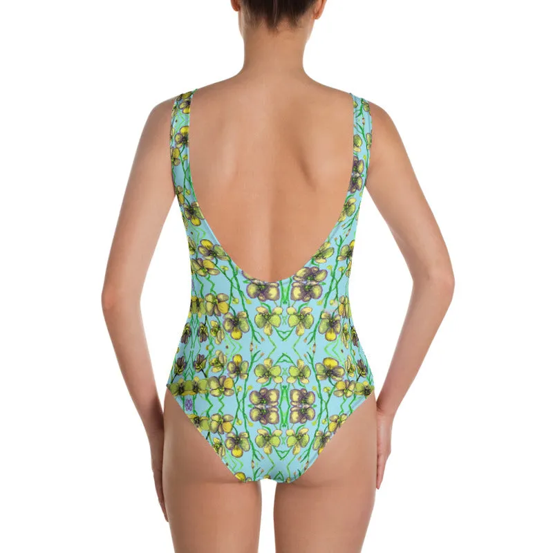 Light Blue Orchids Women's Swimwear, Designer Floral Print One-Piece Swimsuit For Women