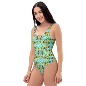 Light Blue Orchids Women's Swimwear, Designer Floral Print One-Piece Swimsuit For Women