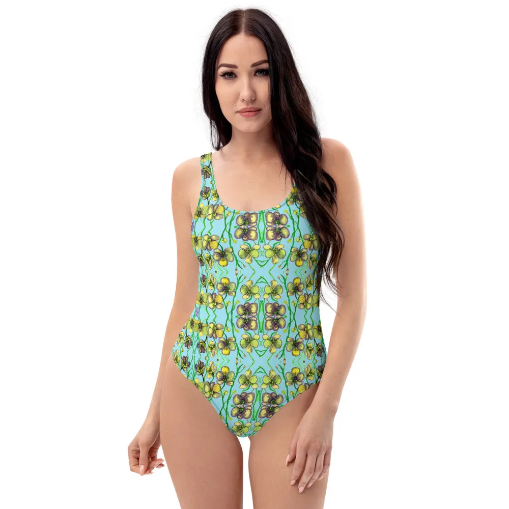 Light Blue Orchids Women's Swimwear, Designer Floral Print One-Piece Swimsuit For Women