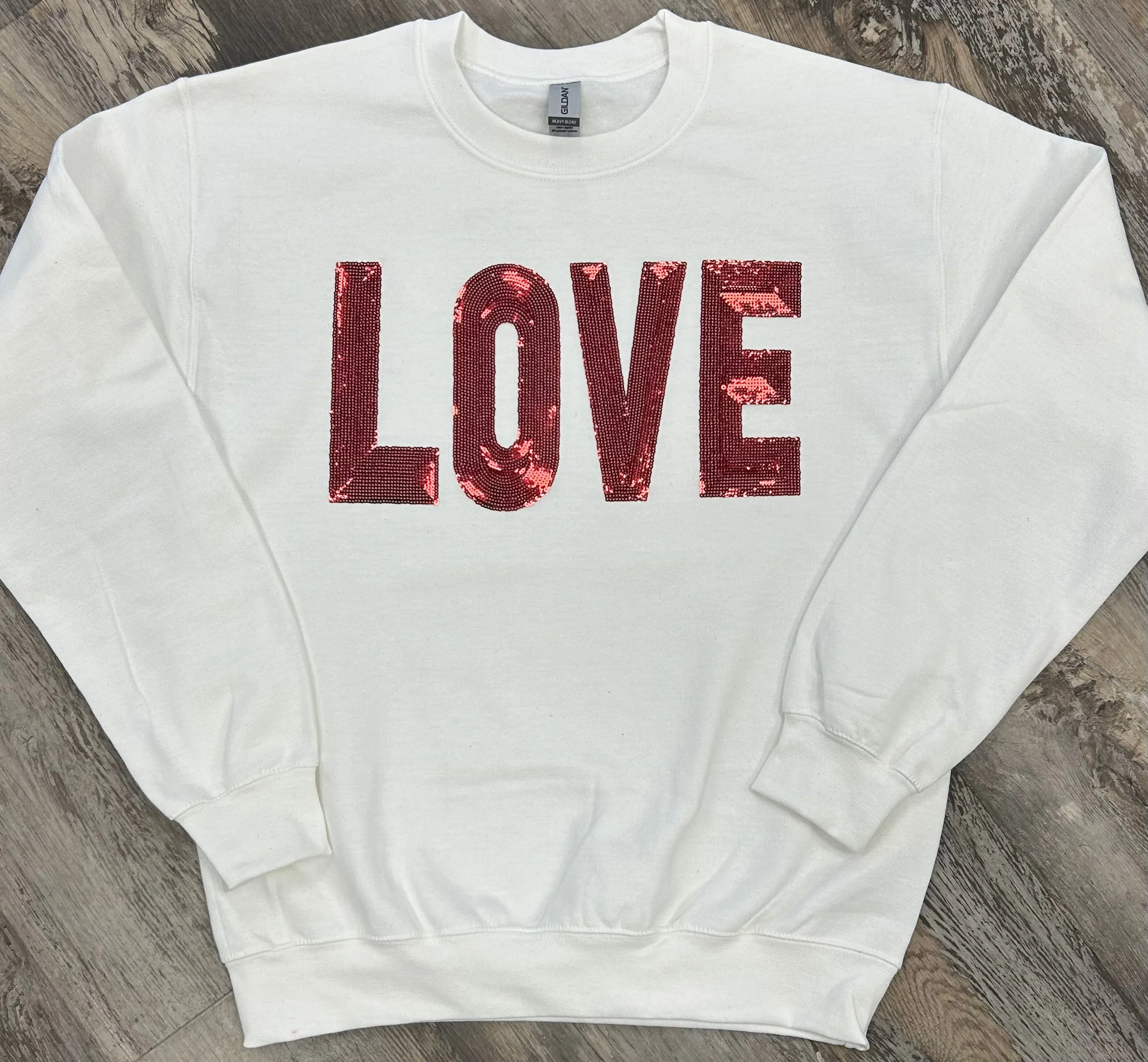 Love Red Sequin Block Letter Crew Neck Sweatshirt - White