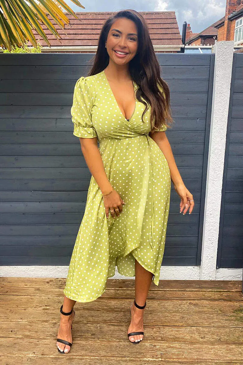 Olive Polka Dot Puff Sleeve Wrap Midi Dress