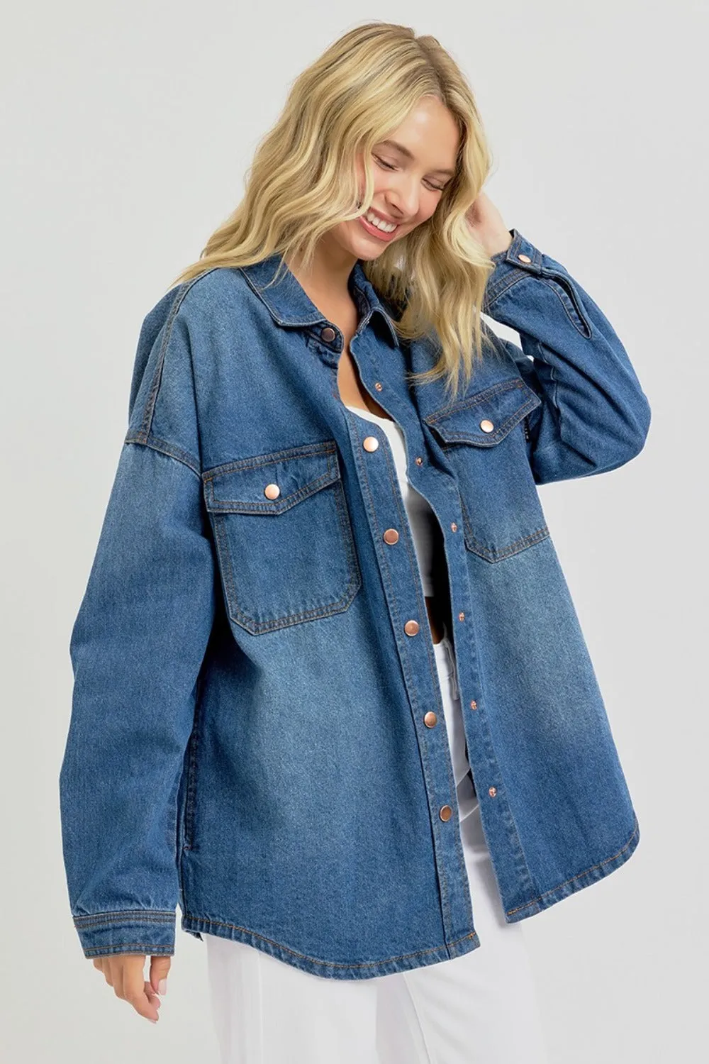 Oversized Snap Down Long Sleeve Denim Shacket