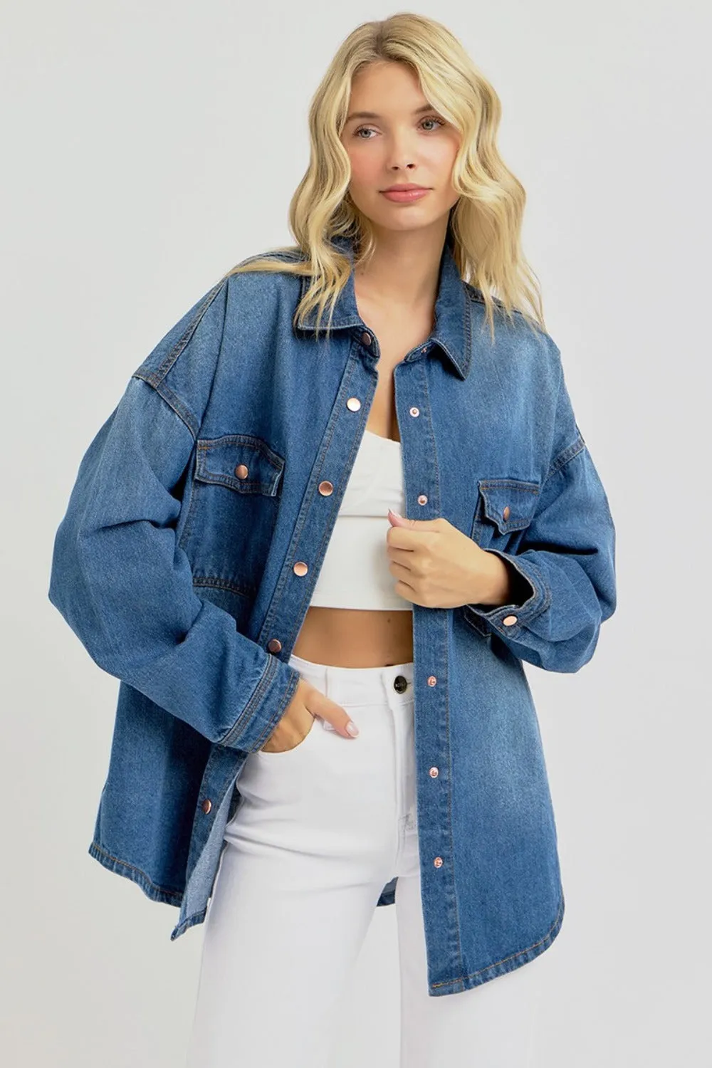 Oversized Snap Down Long Sleeve Denim Shacket