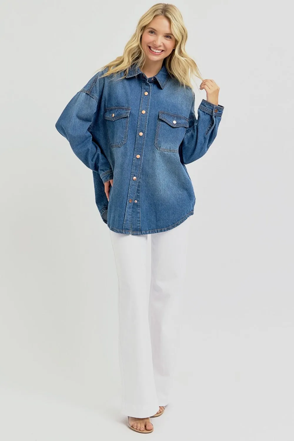 Oversized Snap Down Long Sleeve Denim Shacket