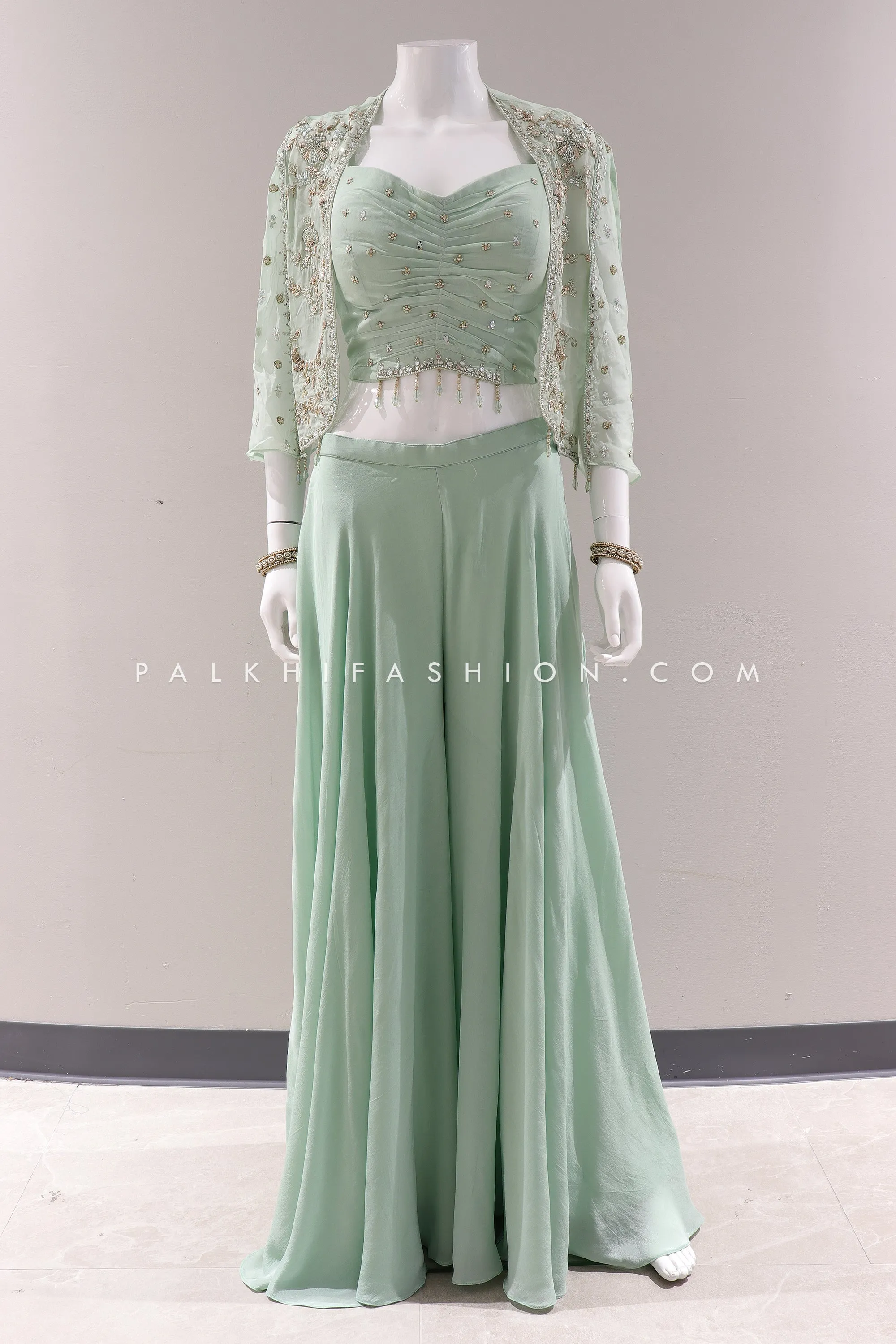 Pastel Green Handcrafted Jacket and Palazzo Ensemble