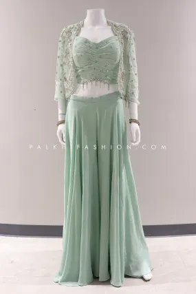 Pastel Green Handcrafted Jacket and Palazzo Ensemble