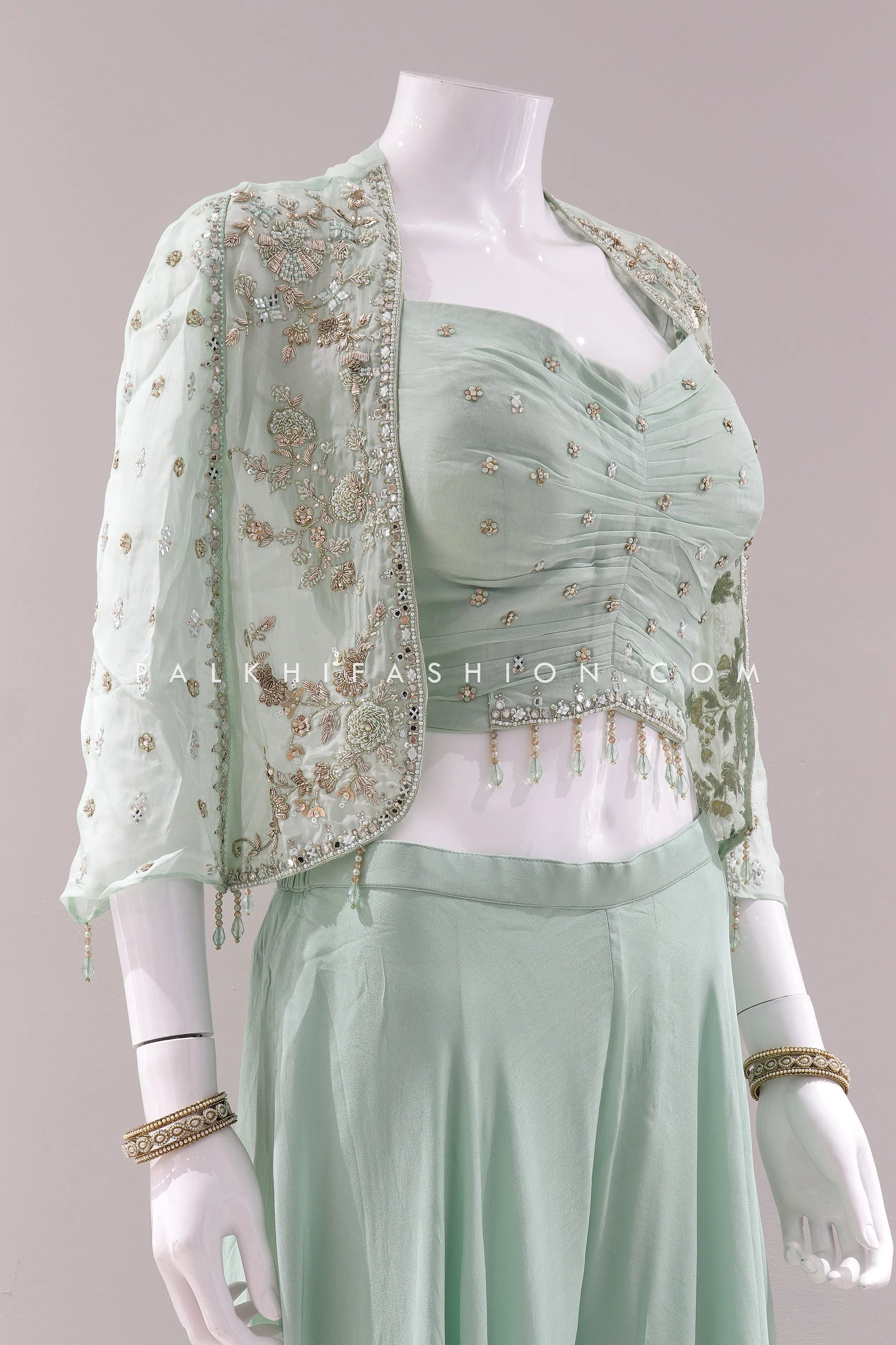 Pastel Green Handcrafted Jacket and Palazzo Ensemble