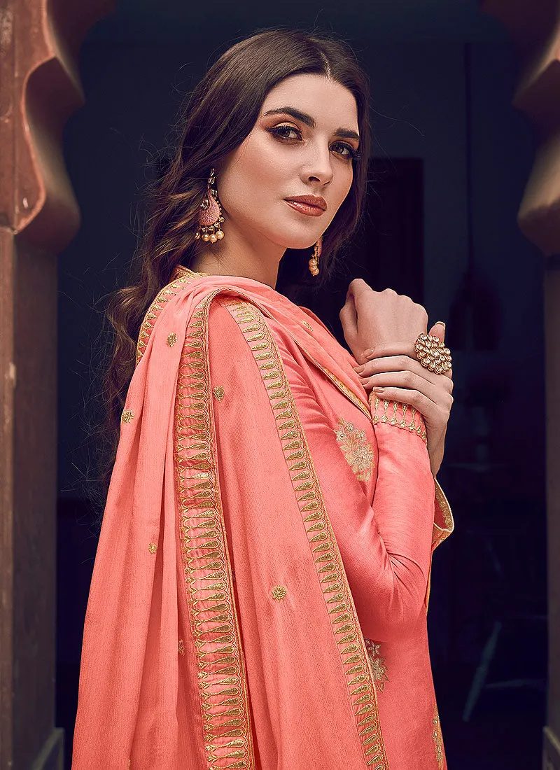 Peach Designer Embroidered Palazzo Suit