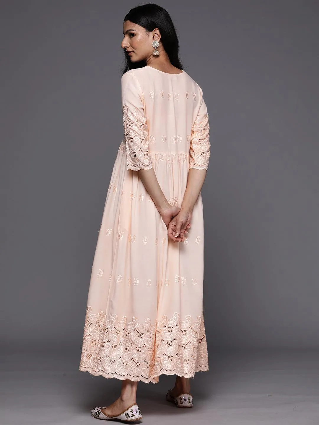 Peach Embroidered Rayon Fit and Flare Dress