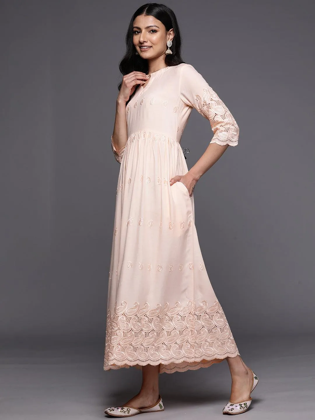 Peach Embroidered Rayon Fit and Flare Dress