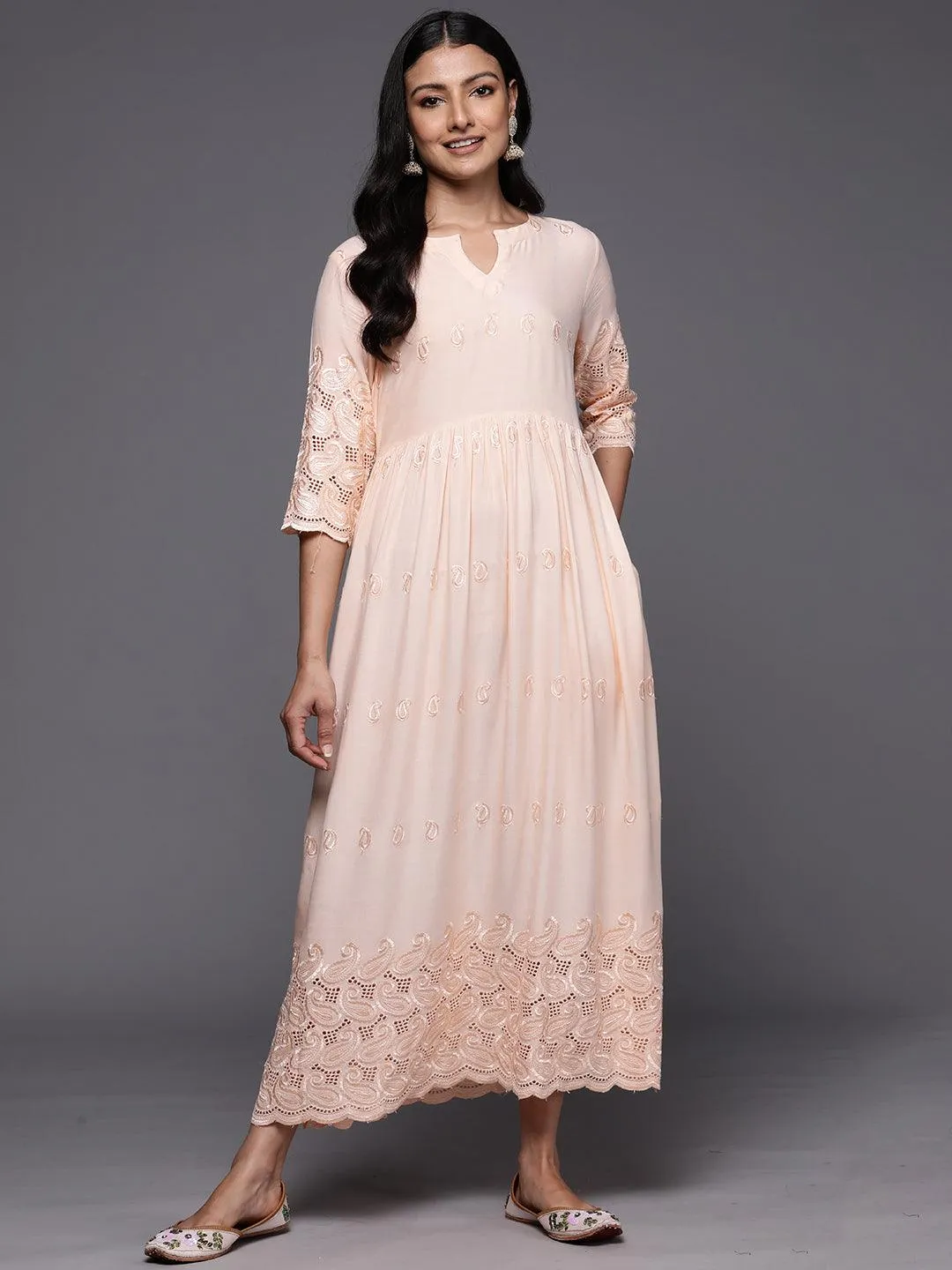 Peach Embroidered Rayon Fit and Flare Dress