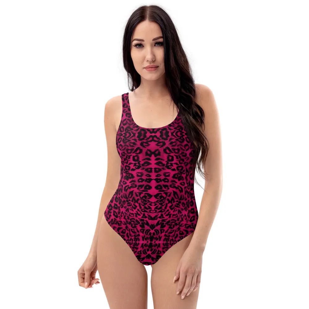 Pink Leopard One-Piece Swimsuit, Animal Print Luxury Women's Swimwear-Made in USA/EU/MX