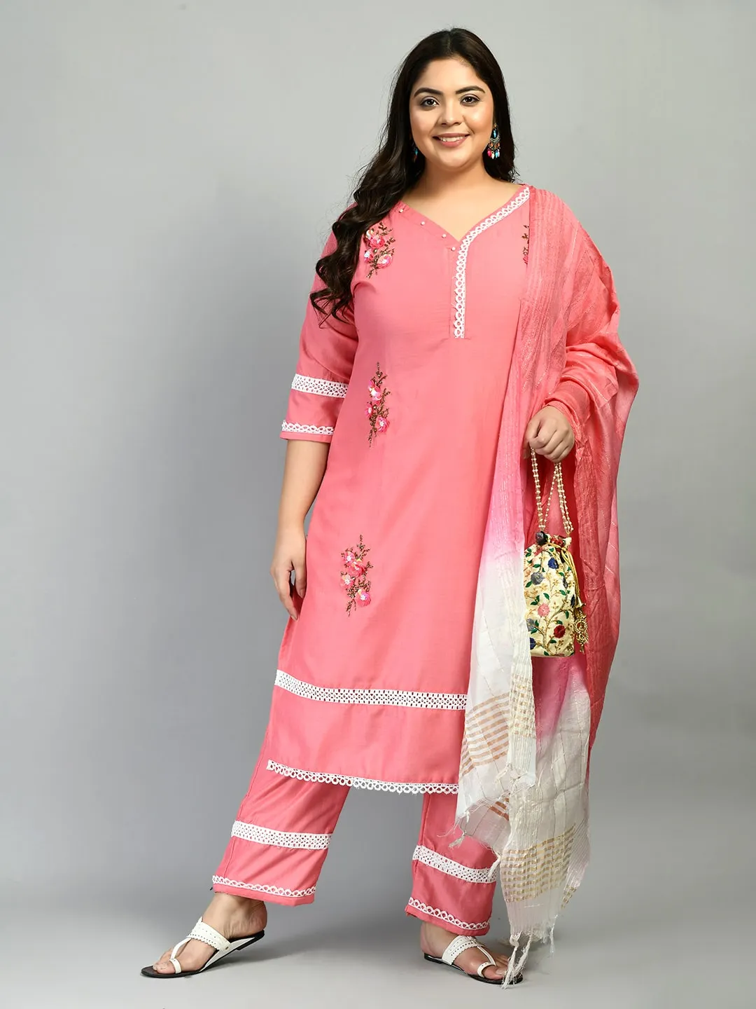 Plus Size Lacy Pink and Stones Kurta Set