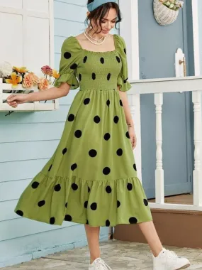 Polka Dot Print Green Midi Dress with Smocking Details