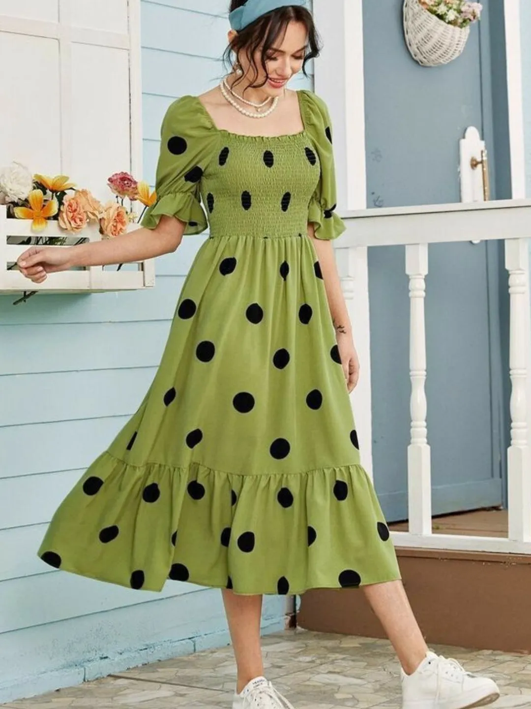 Polka Dot Print Green Midi Dress with Smocking Details