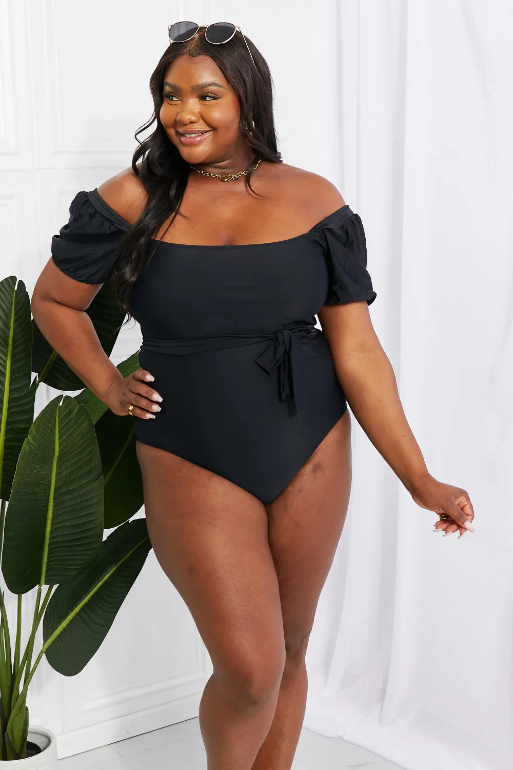 Puff Sleeve One-Piece Swimsuit in Black