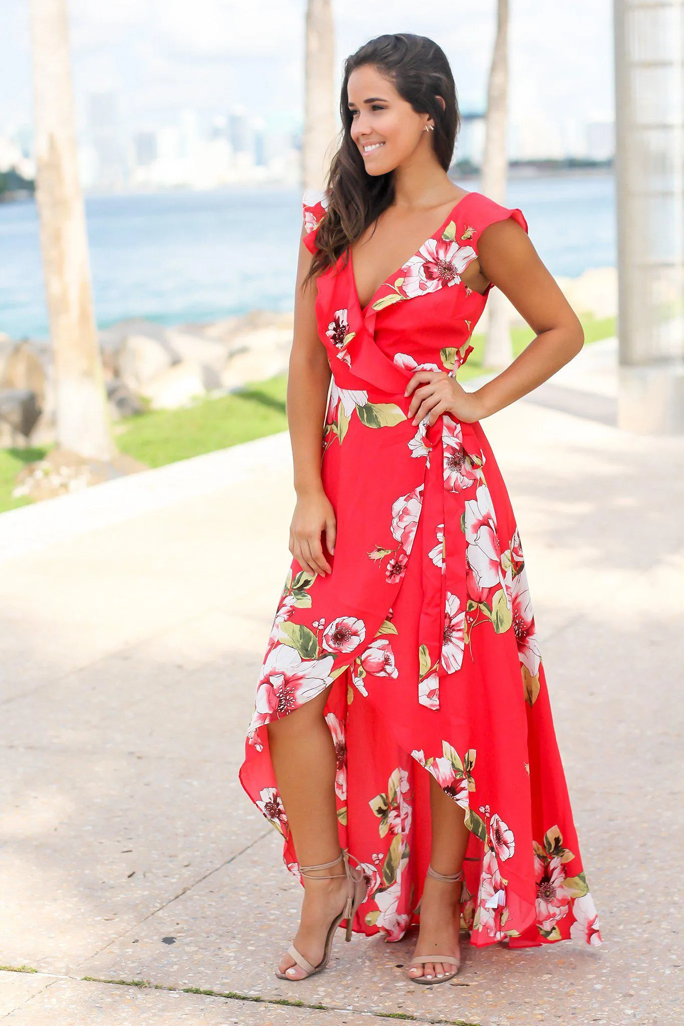 Red Floral Wrap Dress with Ruffles