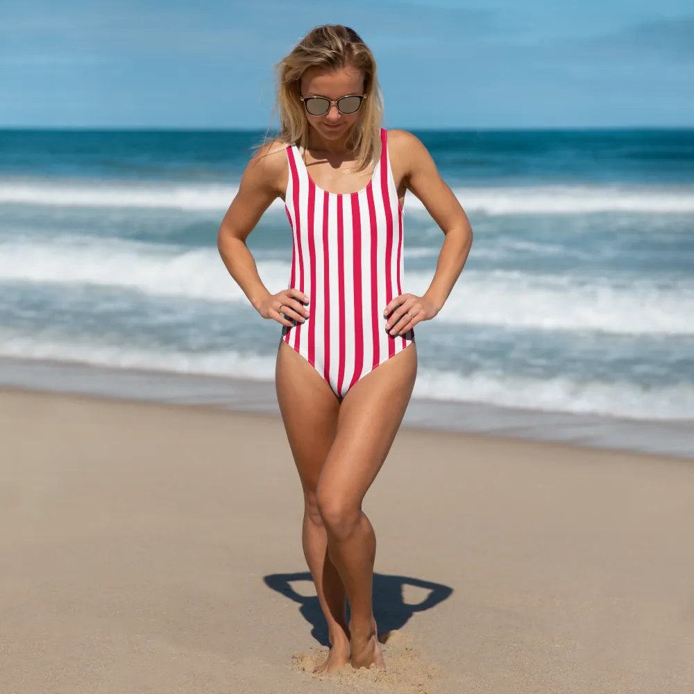 Red Striped Women's Swimwear, White Vertical Stripe Luxury Swimsuit - Made in USA/EU