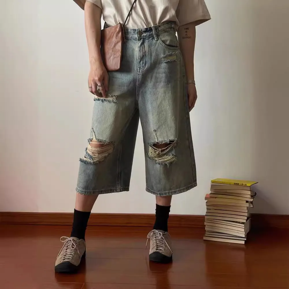 Ripped Wide-legged Jeans Loose Retro Washed Straight Short Pants