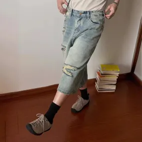 Ripped Wide-legged Jeans Loose Retro Washed Straight Short Pants