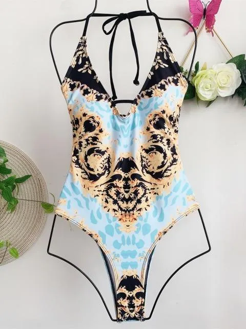 Sexy Ladies' Hollow Out Print Halter Swimsuit One Piece