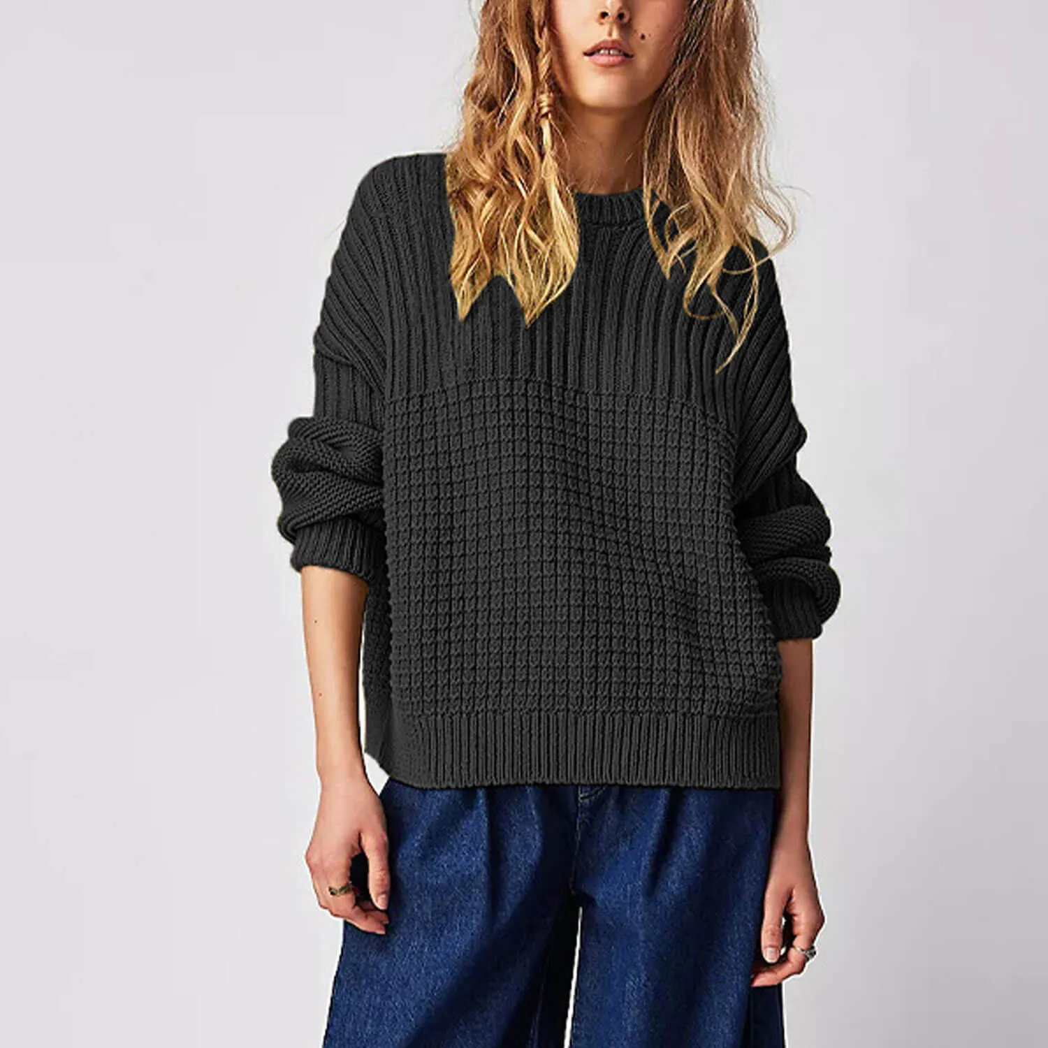 Slouchy Crew Neck Long Sleeve Ribbed Panel Waffle Knit Oversized Sweater