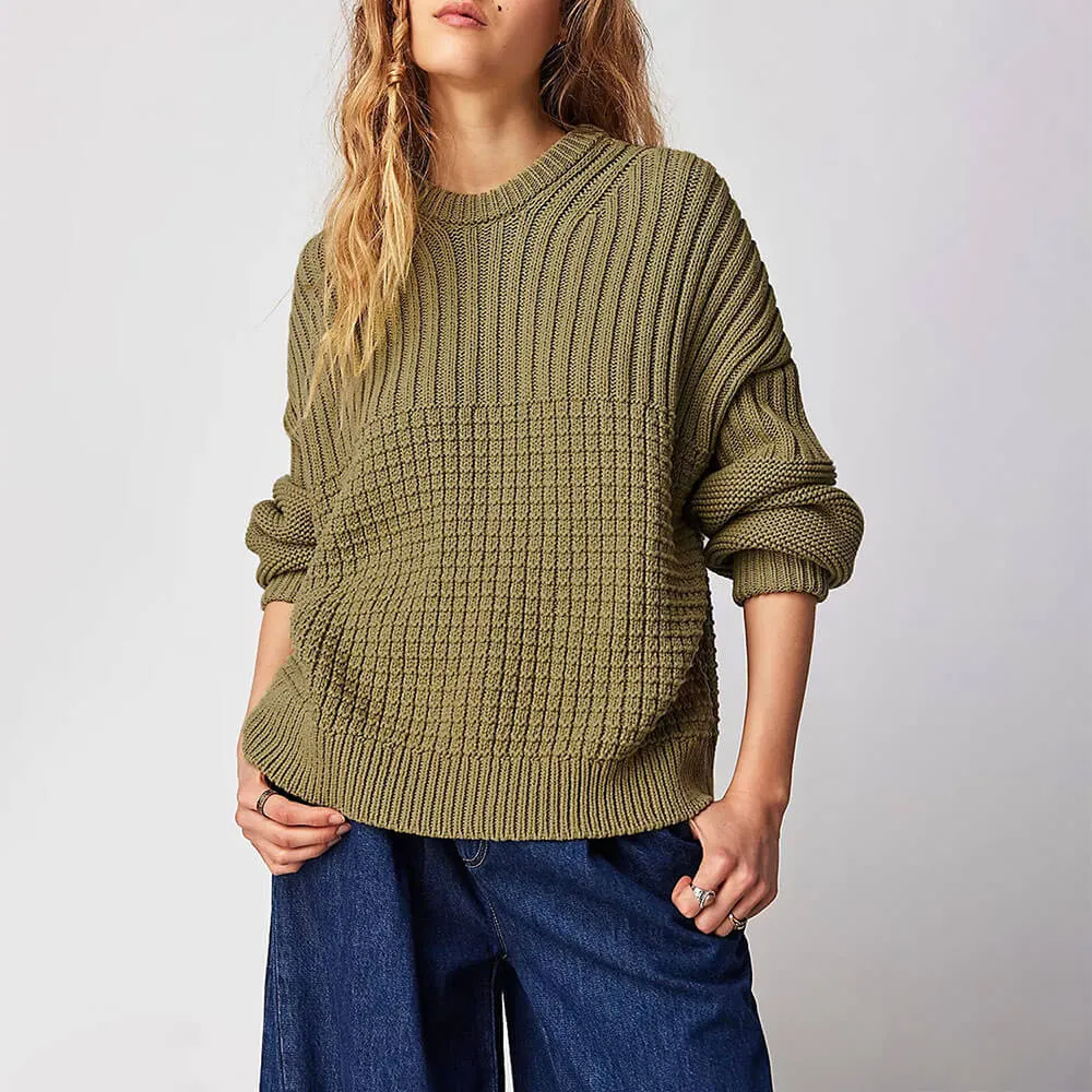 Slouchy Crew Neck Long Sleeve Ribbed Panel Waffle Knit Oversized Sweater