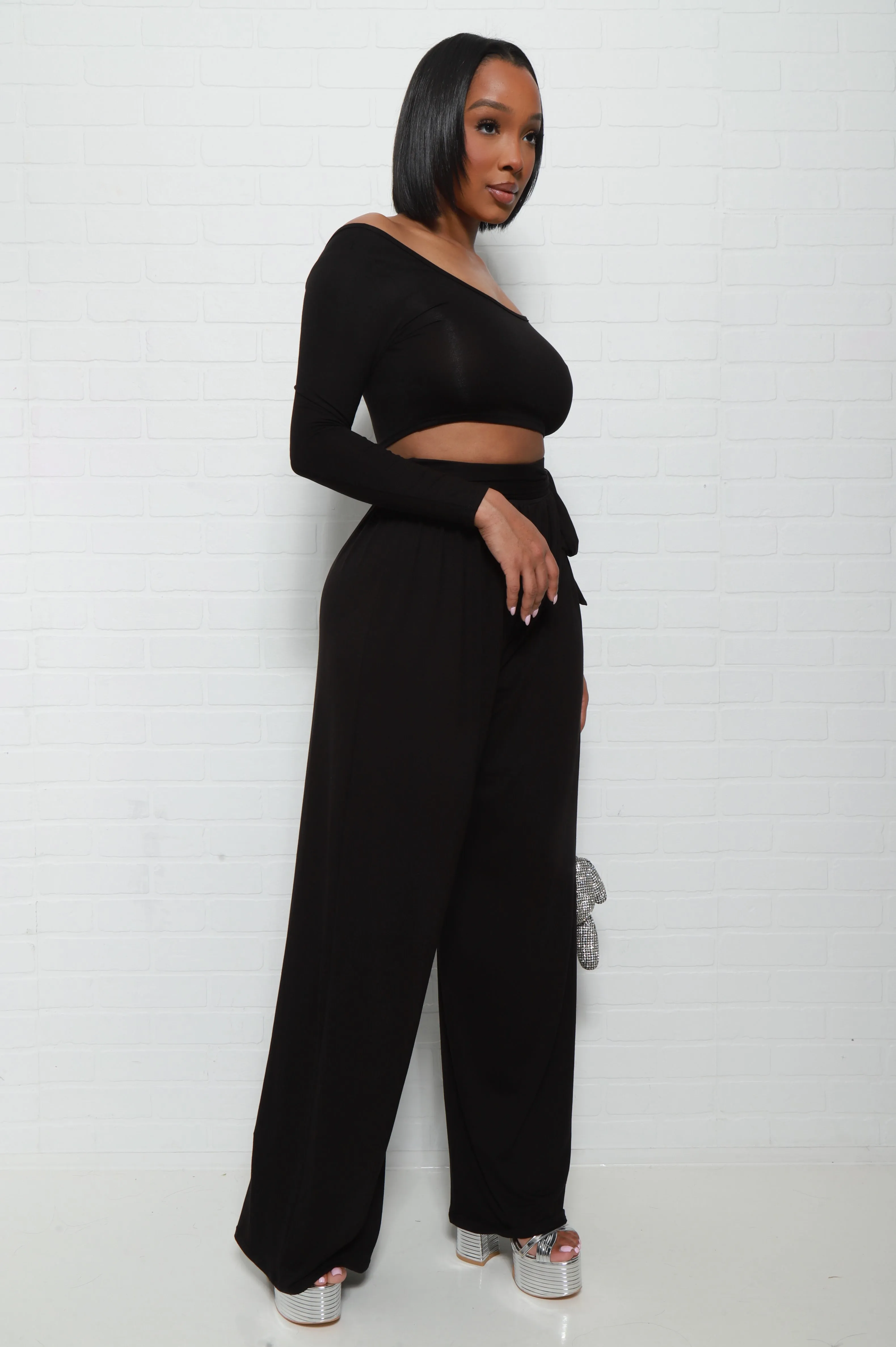 Soft Serve Wide Legged Pants Set - Black