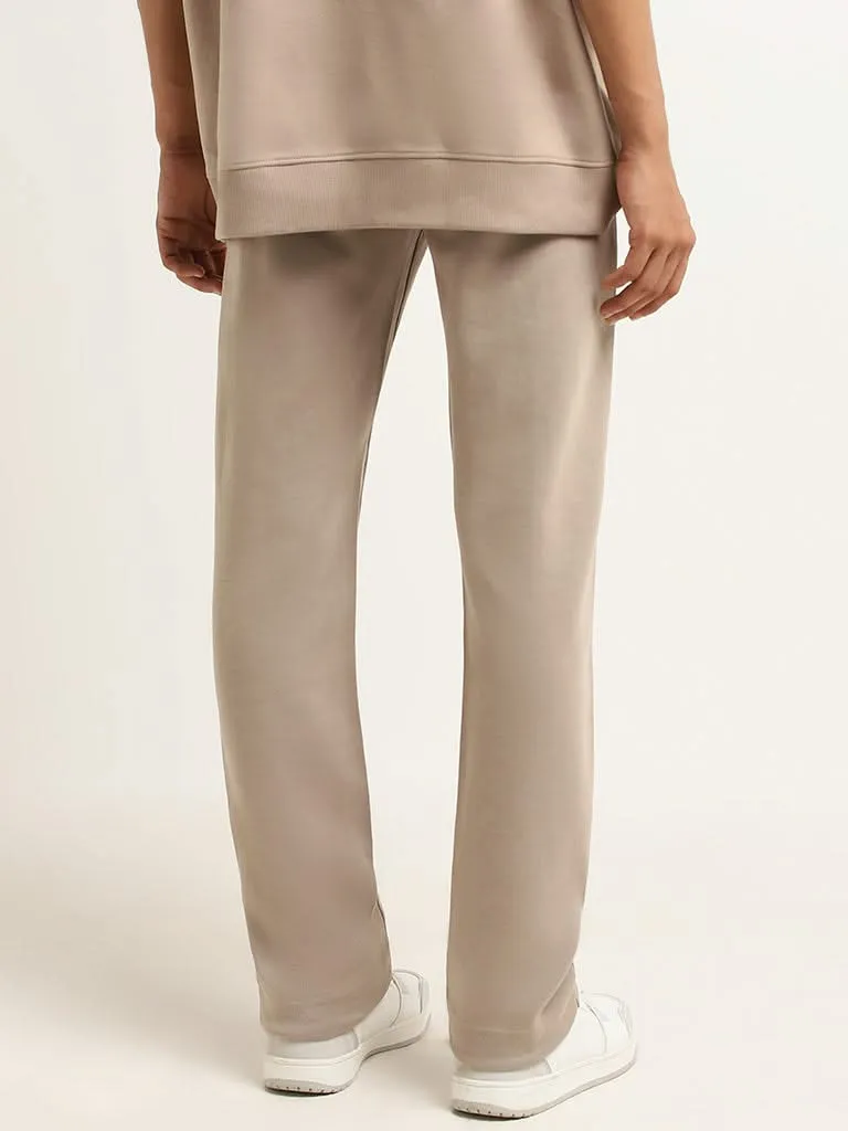 Studiofit Beige Plain Cotton Blend Relaxed Fit Track Pants