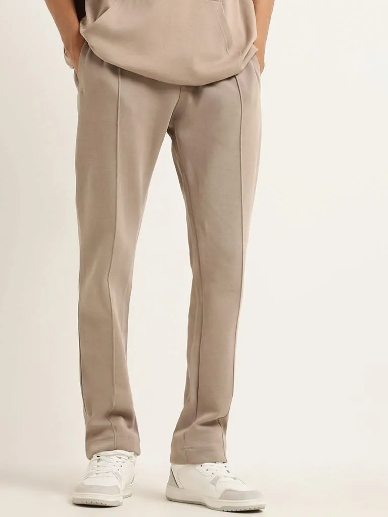 Studiofit Beige Plain Cotton Blend Relaxed Fit Track Pants