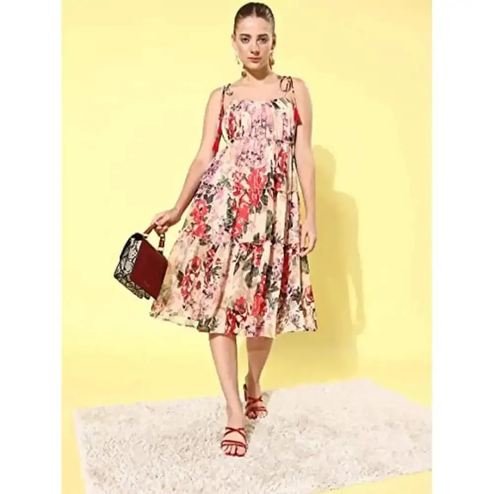 StyleStone Women's Floral Tier Midi Dress with String Tie Ups- Multi