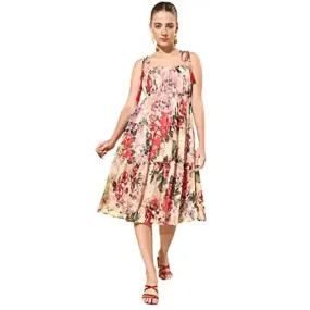 StyleStone Women's Floral Tier Midi Dress with String Tie Ups- Multi