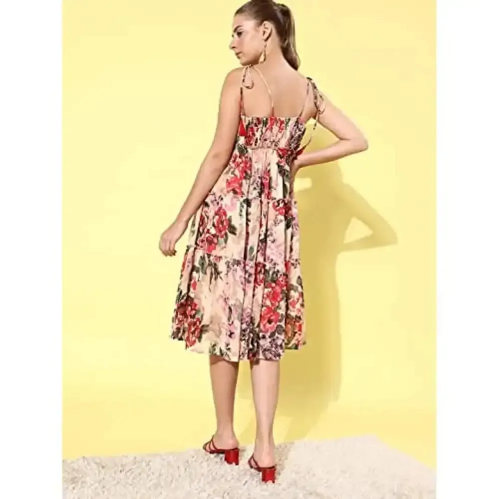 StyleStone Women's Floral Tier Midi Dress with String Tie Ups- Multi