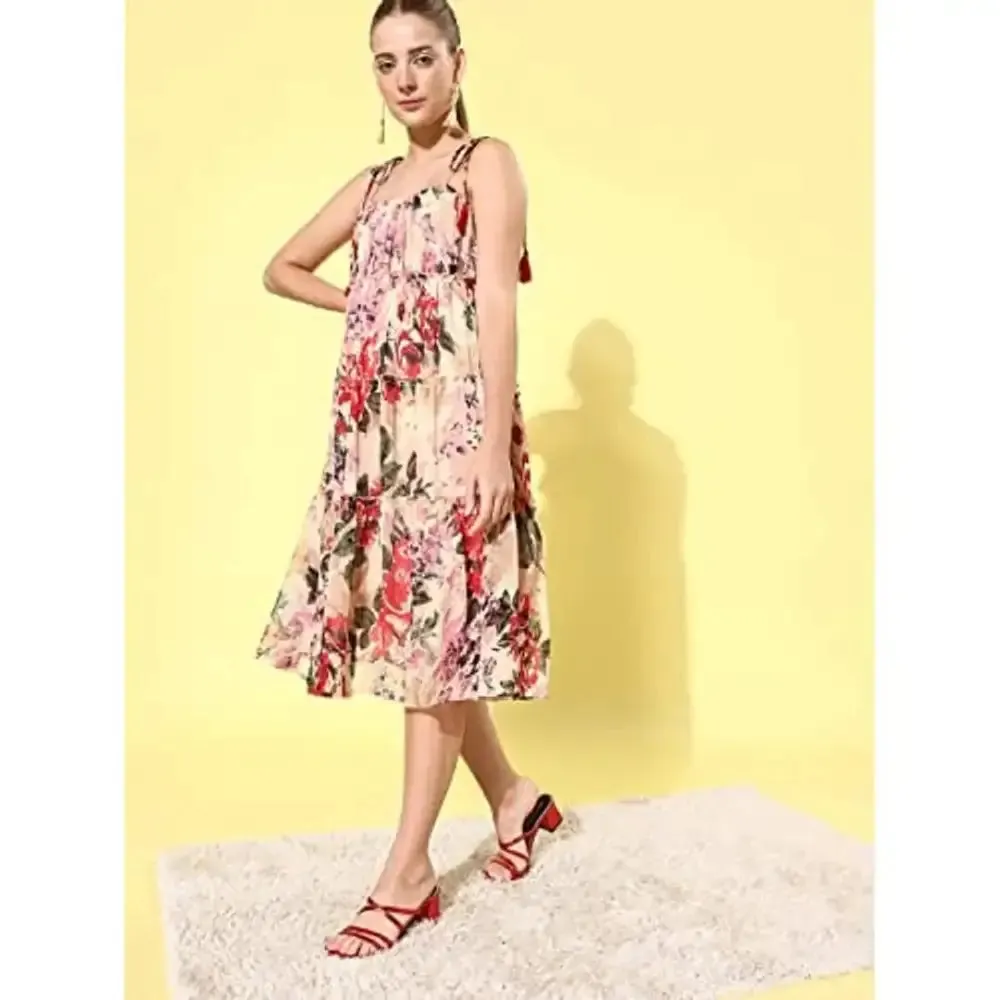 StyleStone Women's Floral Tier Midi Dress with String Tie Ups- Multi