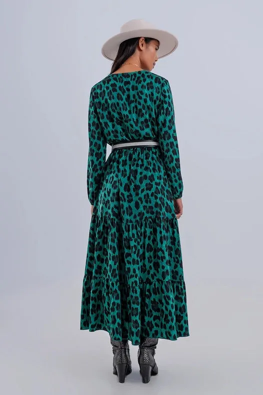 Tiered Maxi Wrap Dress With Long Sleeve In Green