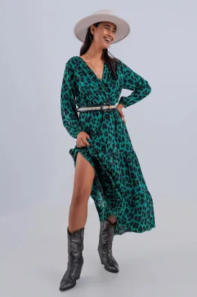 Tiered Maxi Wrap Dress With Long Sleeve In Green