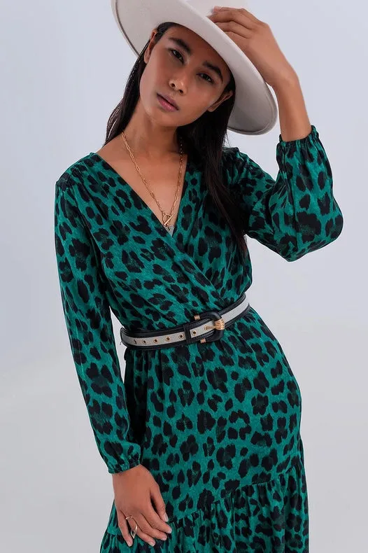 Tiered Maxi Wrap Dress With Long Sleeve In Green