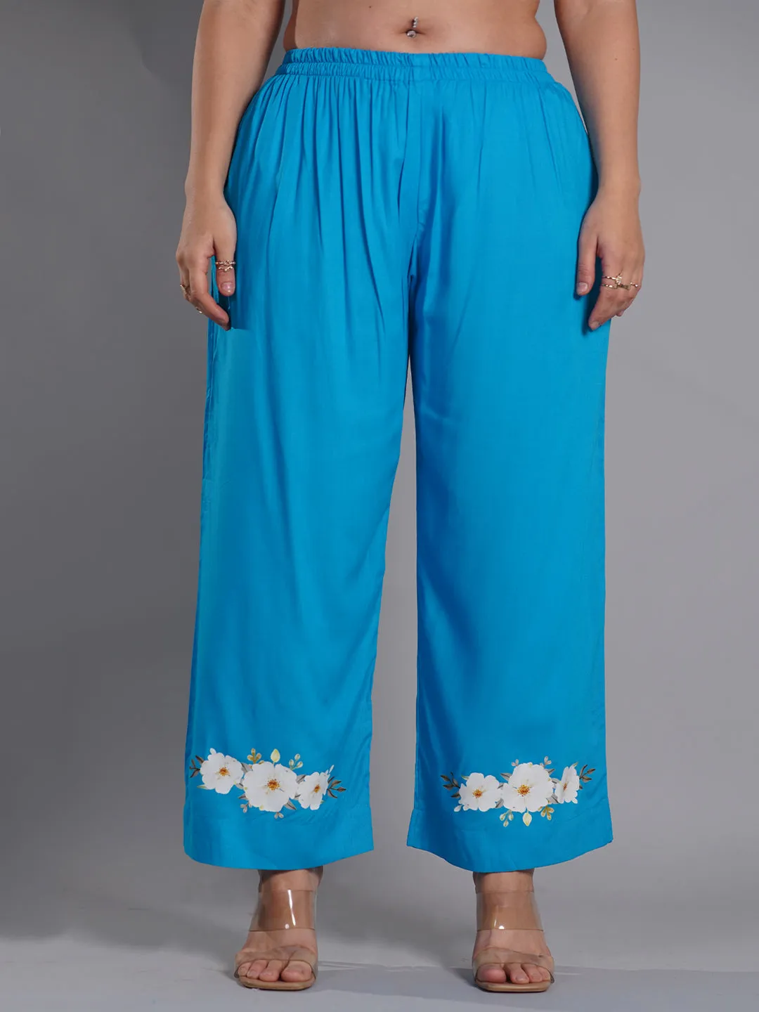 Turquoise PrintedPalazzoPants - FloralOasis