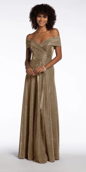 Two Tone  Metallic Off the Shoulder Mock Wrap Dress