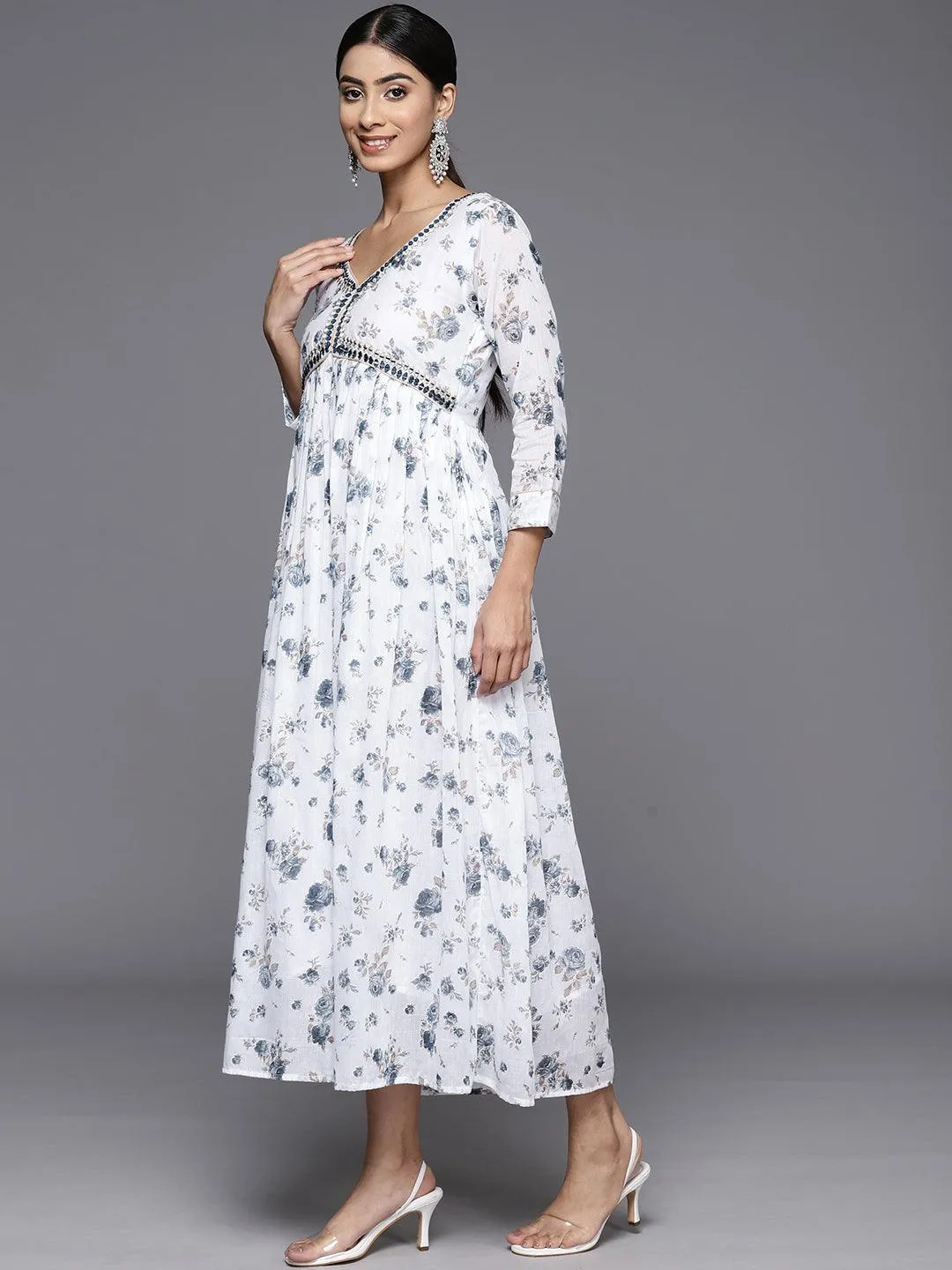 White Printed Cotton Fit and Flare Dress