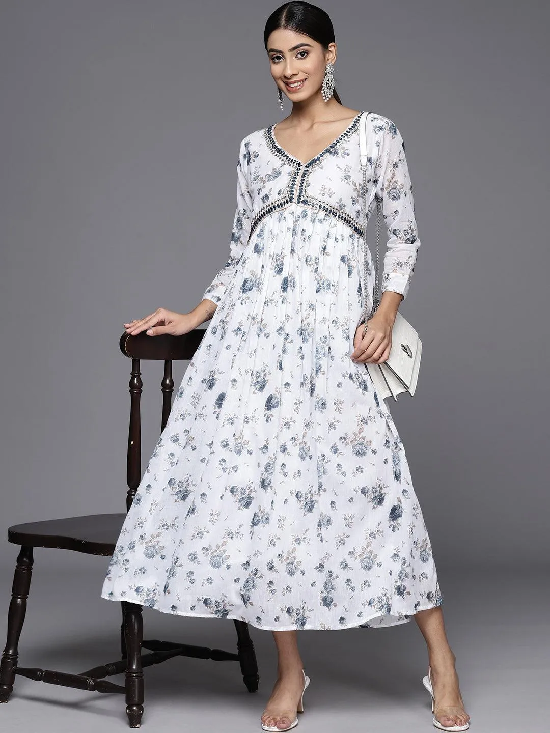 White Printed Cotton Fit and Flare Dress