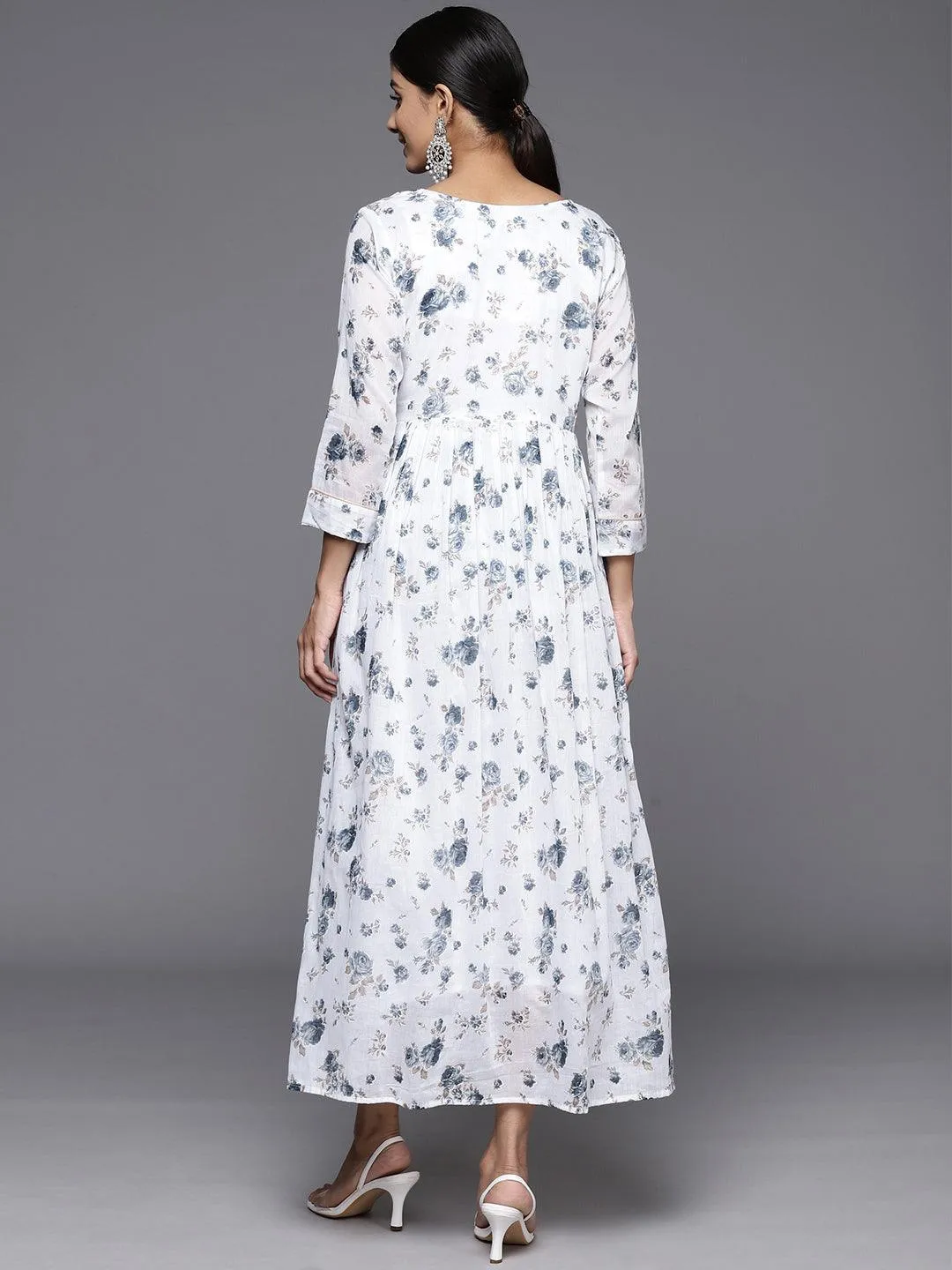 White Printed Cotton Fit and Flare Dress