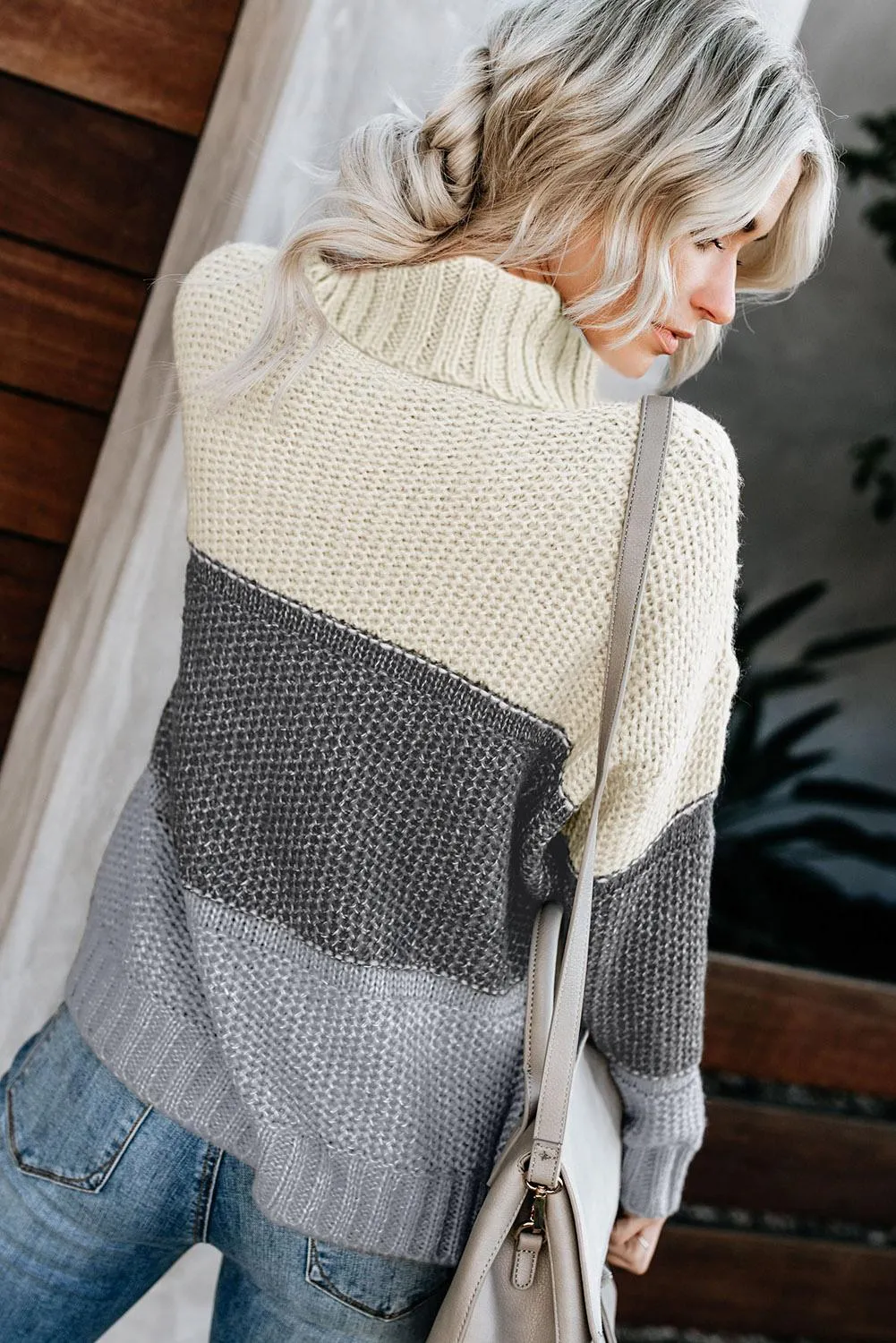 Winter Gray Color Block Netted Texture Turtleneck Sweater